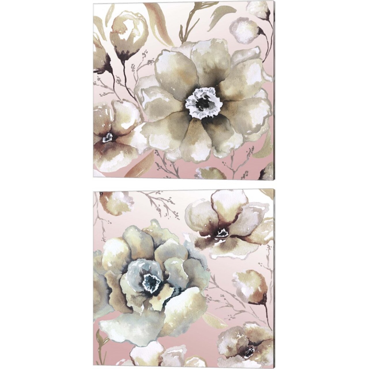 Neutral Flowers on Pink by Elizabeth Medley 14" x 14" Canvas Wall Art (Set of 2)